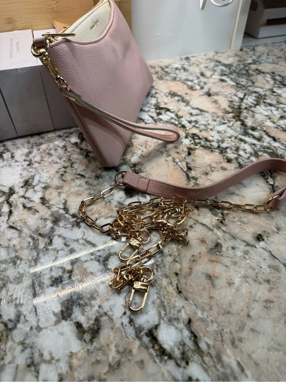 Nanette Lepore Pink and Cream Leather Wristlet with Removable Gold Cross Chain
